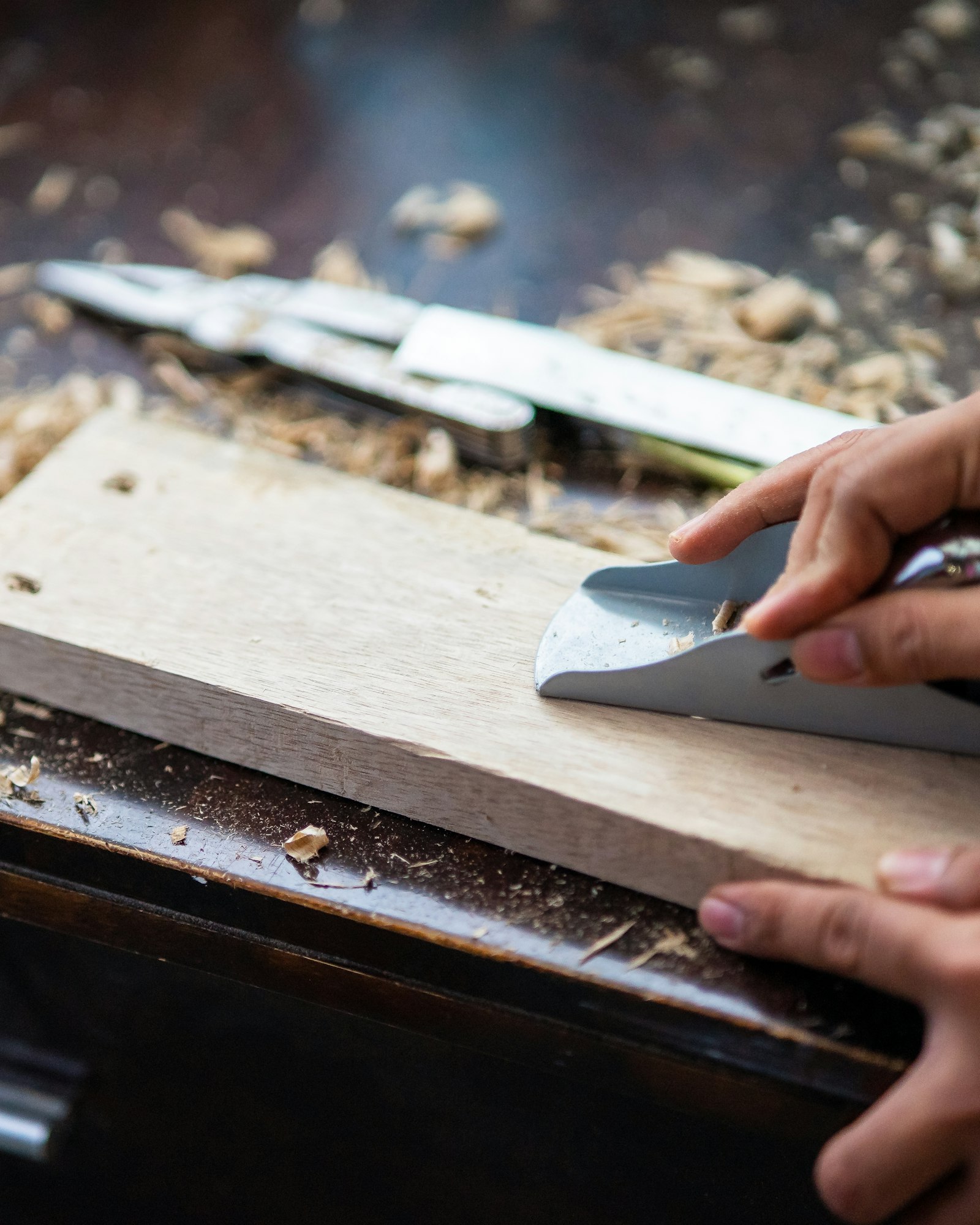 chisel on wooden plank. carpentry.